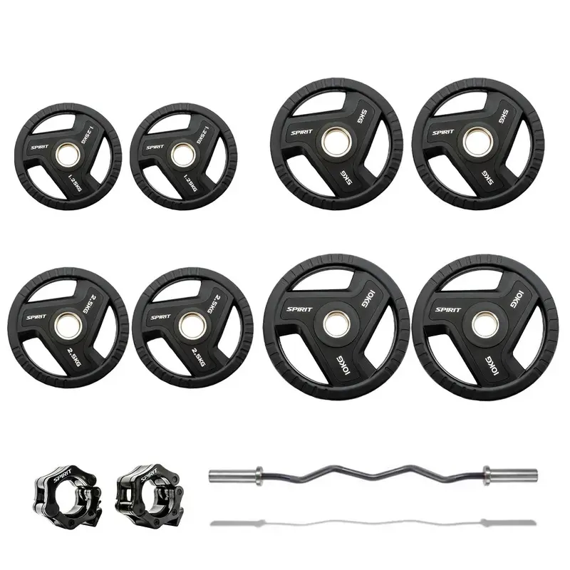Spirit Fitness 45kg Olympic Rubber Tri Grip Weight Set with EZ Curl Bar