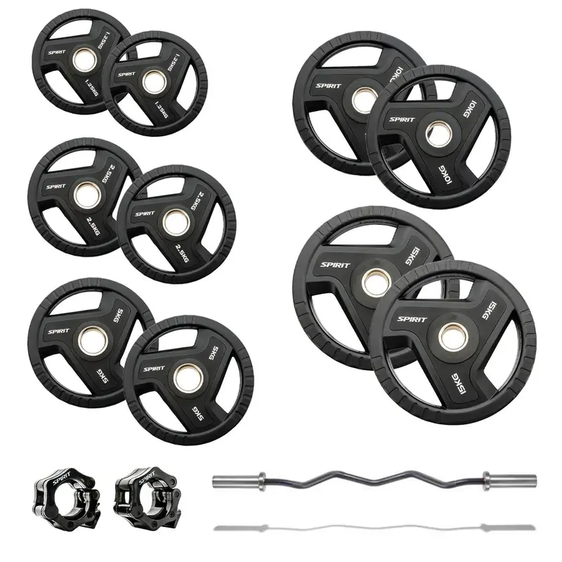 Spirit Fitness 75kg Olympic Rubber Tri Grip Weight Set with EZ Curl Bar