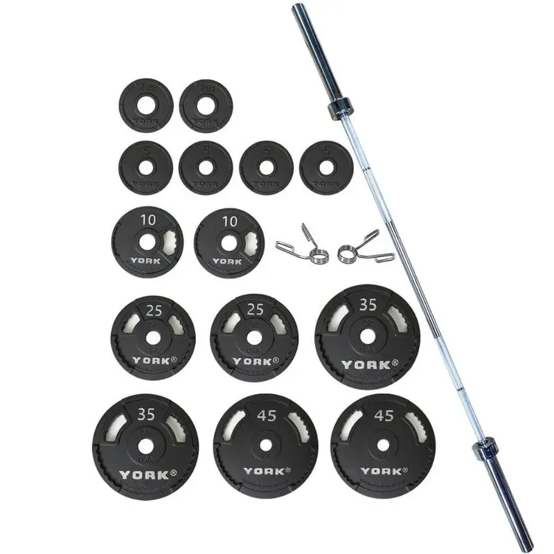 York Barbell G-2 Cast Iron Olympic Plate & Barbell Set