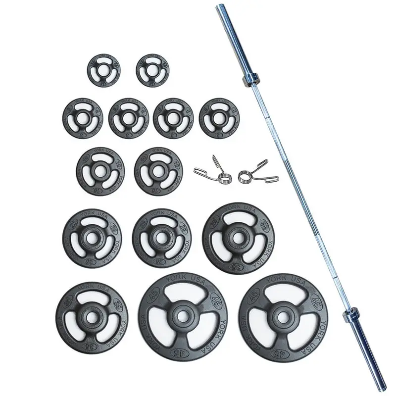 York Barbell Steel Iso-Grip 300lb Plate and Barbell Set