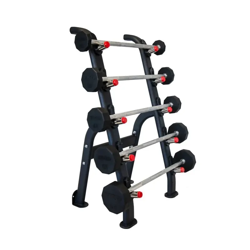 TKO Rubber Fixed Curl and Straight Barbell Set w/ 5 Bar Barbell Rack
