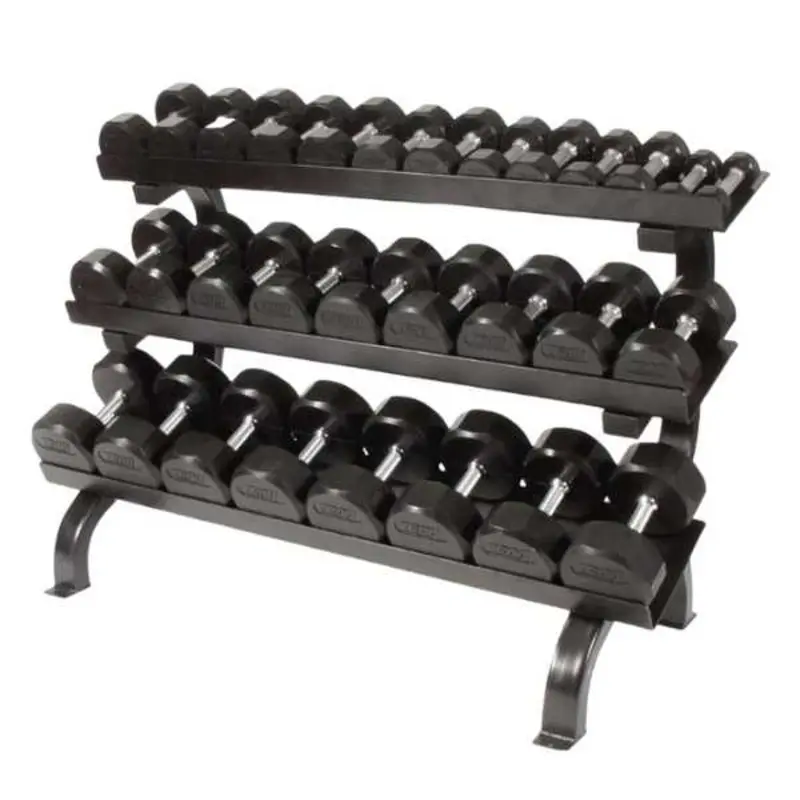 Troy Barbell 5-75lbs 12-Sided Rubber Dumbbell Set with 3-Tier Rack