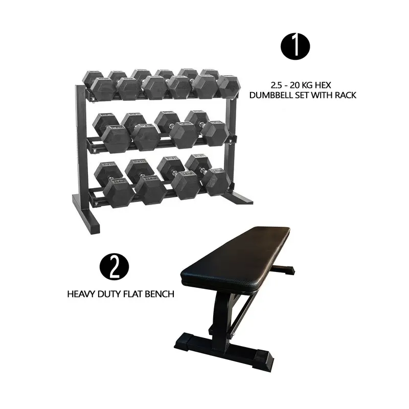1441 Fitness Hex Dumbbells Set with Rack & Bench - 2.5 Kg to 20 Kg