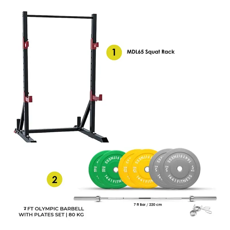 Combo Offer 1441 Fitness Squat Rack MDL65 with 7 Ft Bar with 80 Kg Plates Set