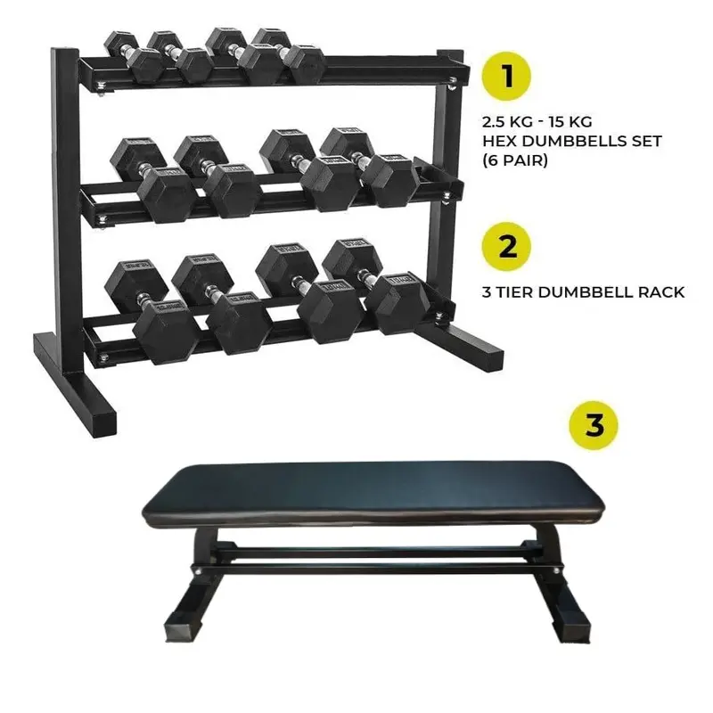 Combo Offer - Hex Dumbbell Set 2.5 Kg to 15 Kg with 3 Tier Rack + Flat Bench A0011