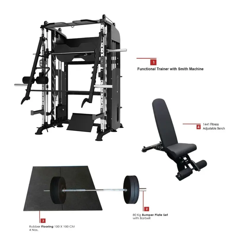 1441 Fitness Multi Function Machine with 80 Kg Plate set, Adjustable Bench & Flooring
