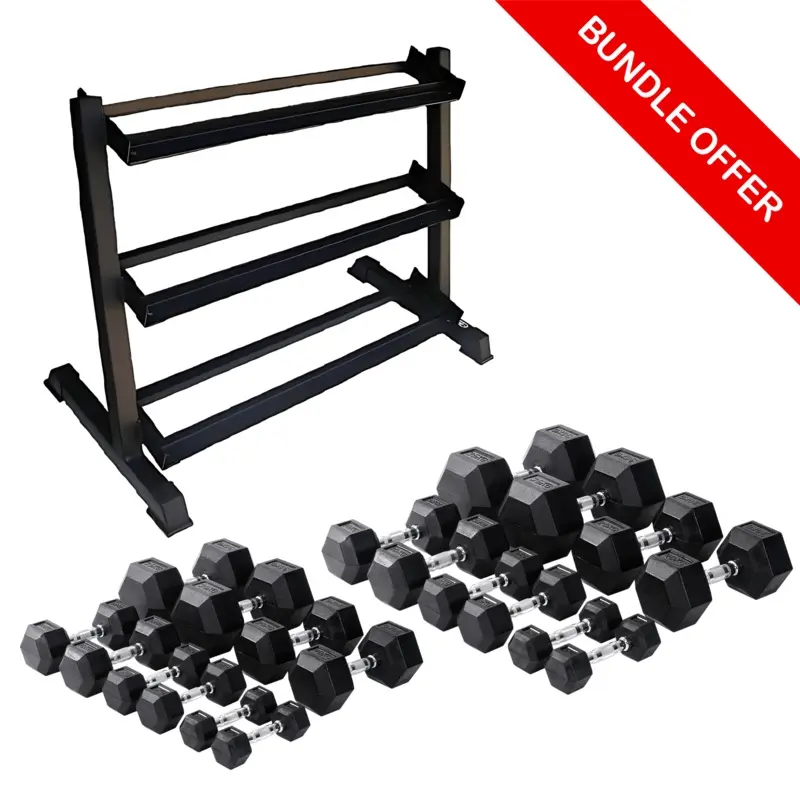 Class A Rubber Hex Dumbbell Set (12.5kg35kg) + 3-Tier Storage Rack