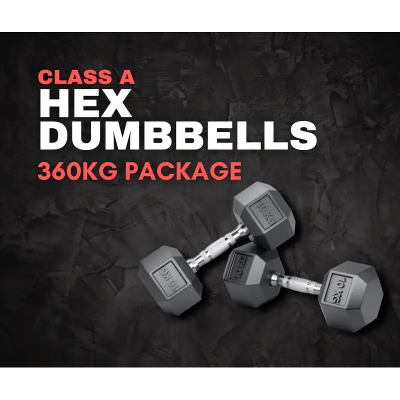 PACKAGE DEAL - "Class A" Commercial-Grade Rubber Hex Dumbbell Pack - 360KGS