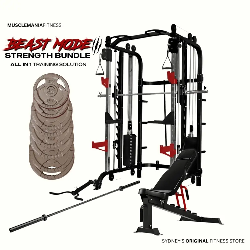 BEAST MODE BUNDLE WITH HAMMERTONE TRI-GRIP OLYMPIC PLATES, BAR AND FID BENCH