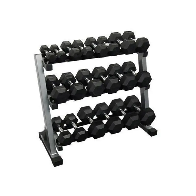 Muscle Motion 2.5kg - 25kg (10 pair) Rubber Hex Dumbbell Set with 3 Tier Rack