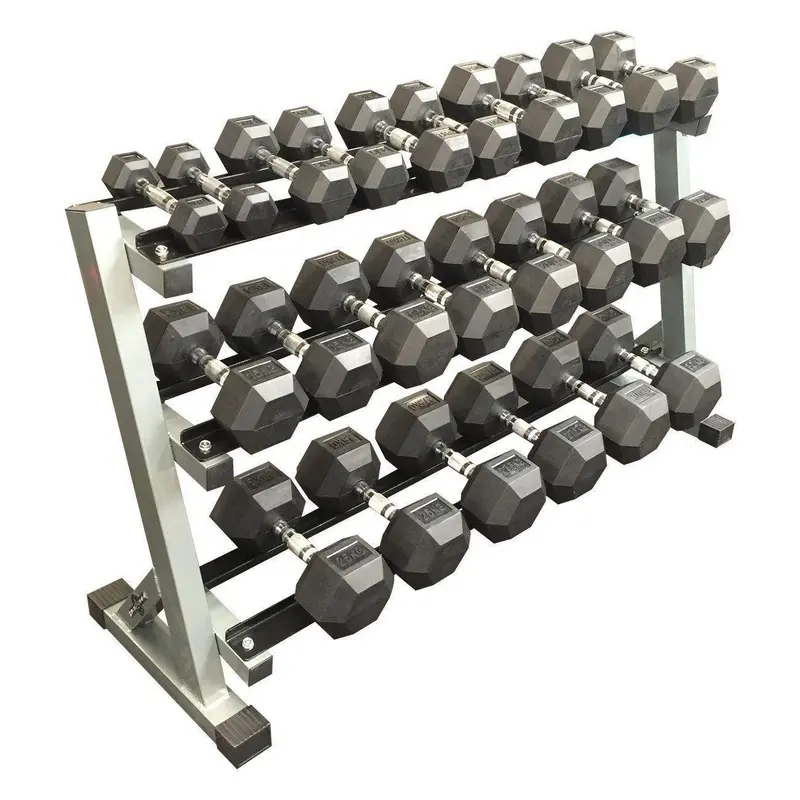 Muscle Motion 2.5kg - 30kg (12 PAIR) Rubber Hex Dumbbell Set with 3 tier rack