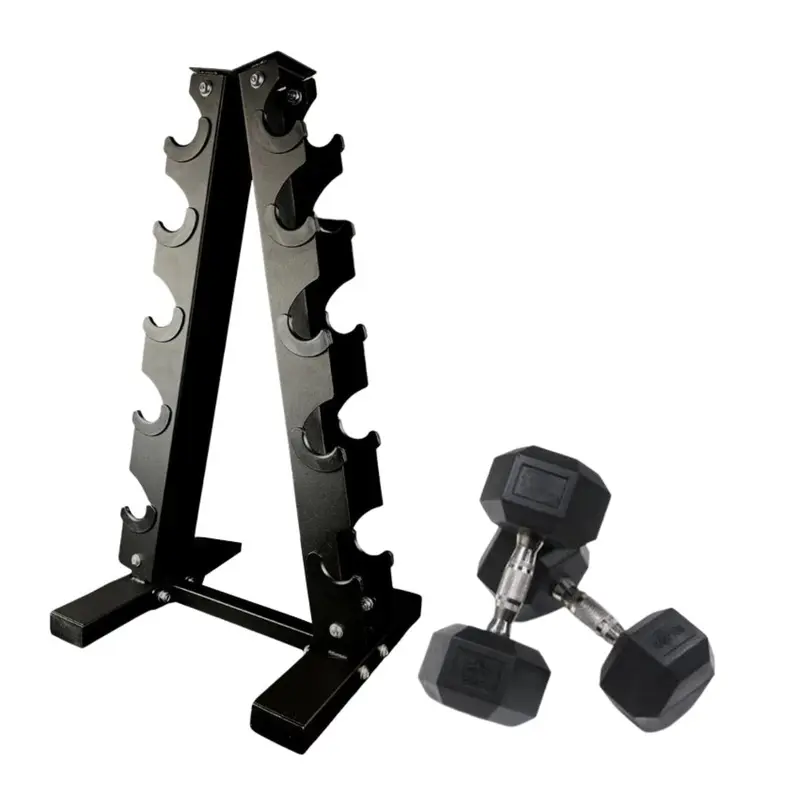 Muscle Motion 5 Pairs Rubber Hex (1kg to 5kg) Dumbbell with Rack