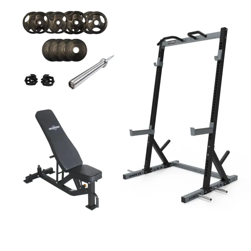 Muscle Motion Half Rack, Bench, Olympic Bar and Weights (Package Price)