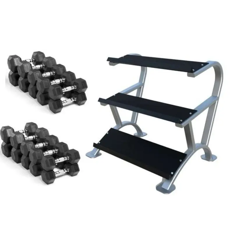 7kg-25kg Rubber Hex Dumbbells Set + Rack