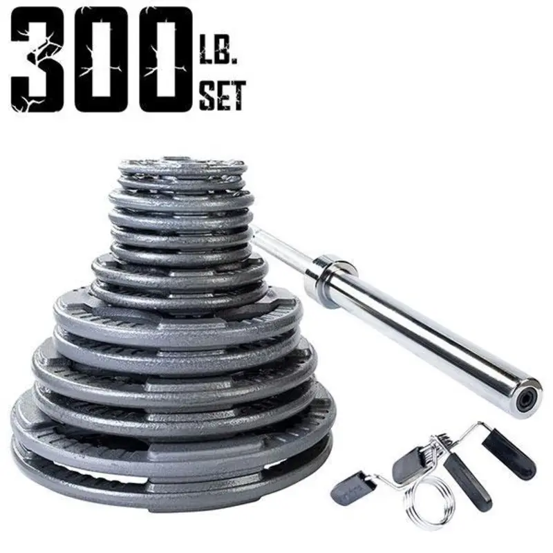 300 lb. Gray Grip Olympic Weight Set with 7ft. Olympic Bar, Collars