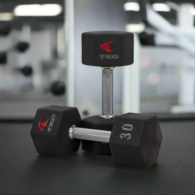 TKO 5-100Lb Urethane Hex Tri-grip Dumbbells w/ 3 tier 891HDR Rack | S891-TXU-E20