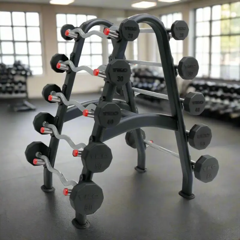 TKO S846-805807 20-60lb Rubber Straight & Curl Barbell with Barbell Rack