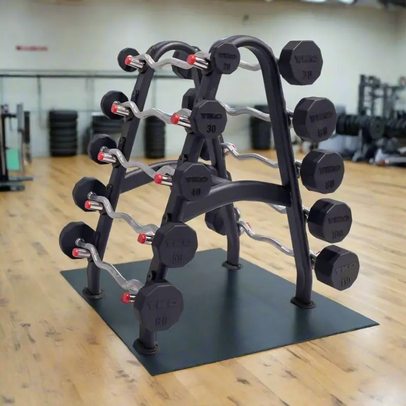 TKO S846-807TR10 20-110lb Rubber Curl Barbells with 10 Set Barbell Rack