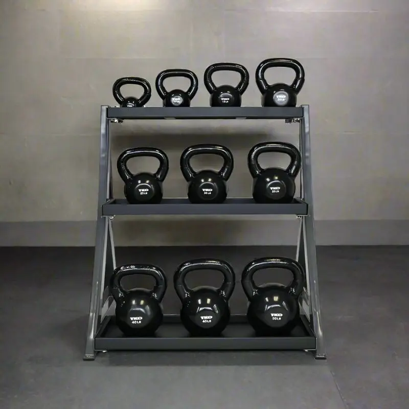 TKO Strength 5-50lb Vinyl Kettlebell Set with 3 Tier Rack - S856-KBV5-50