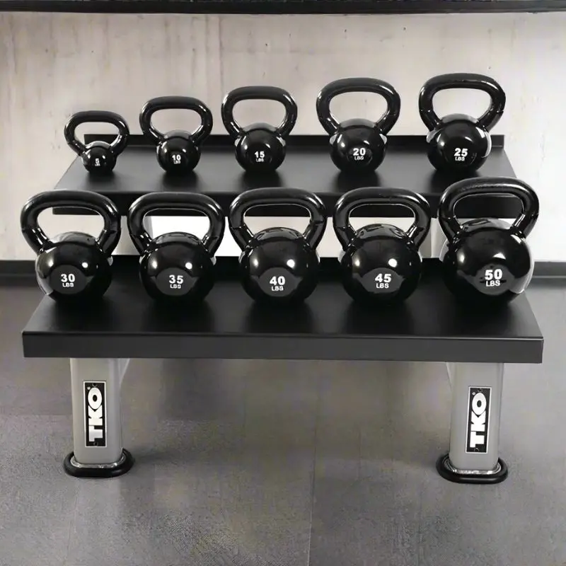 TKO Strength 5-50lb Vinyl Kettlebell Set with 2 Tier Rack - S859-KBV5-50