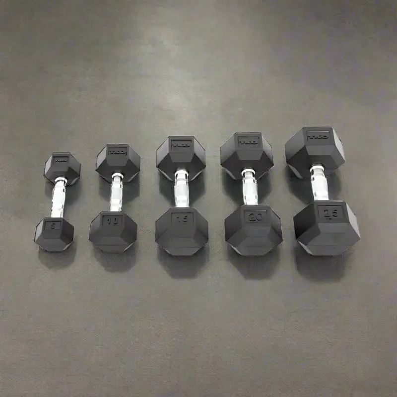 TKO S6230-RXA10 5-50 lb Rubber Hex Dumbbell Set, Contour with 3 Tier Rail Rack
