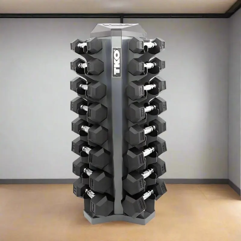 TKO S826-RXL8 3-25lb Rubber Hex Dumbbell Set, Contour with 8 Pair Rack