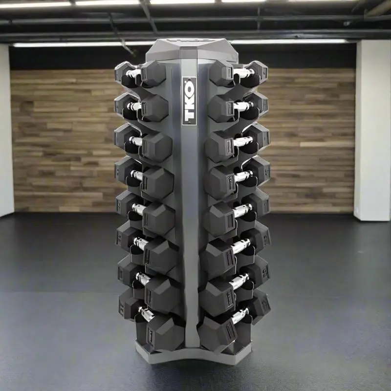 TKO S826-RXM8 5-30lb Rubber Hex Dumbbell Set, Contour with 8 Pair Rack