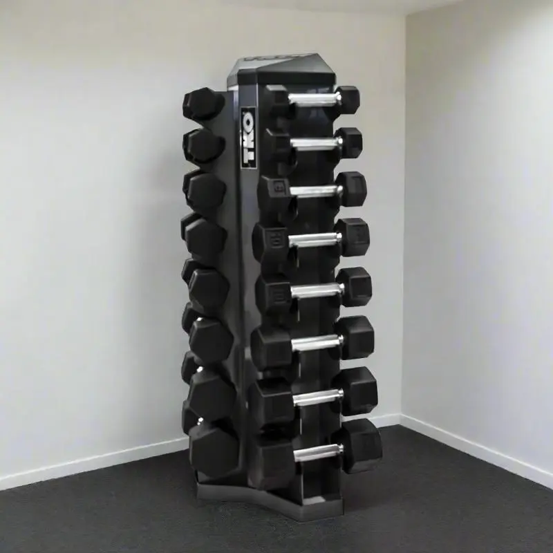 TKO S826-TXRL8 3-25lb Rubber Hex Tri-Grip Handle Dumbbells with 8 Pair Rack