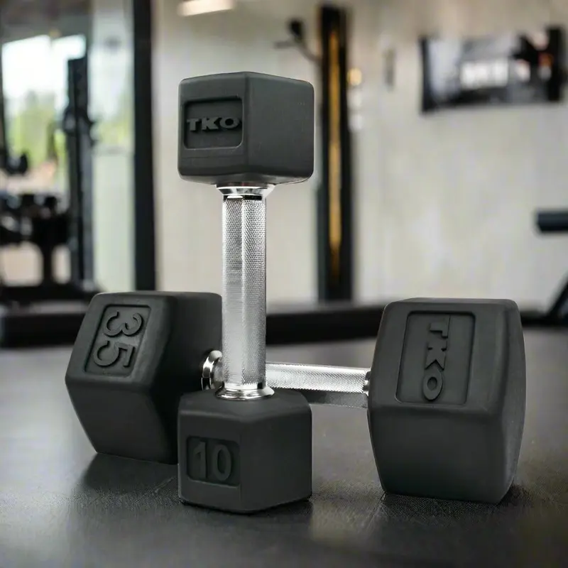 TKO 5-50 lb Rubber Hex Dumbbell Set, Tri-Grip