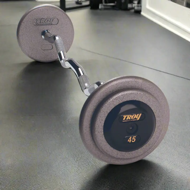 TROY HZB-R Pro Style Curl Barbell - Hammer-tone Gray / Rubber End Caps