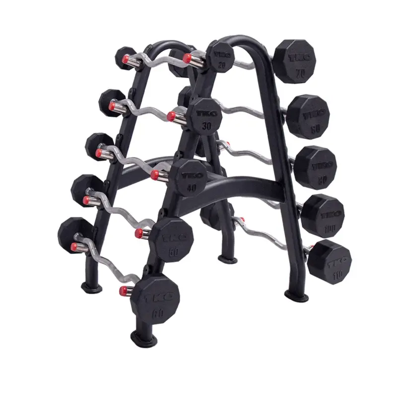 TKO 20-110 lb Rubber EZ Curl Barbells w/ 10 Set Barbell Rack S846-807TR10