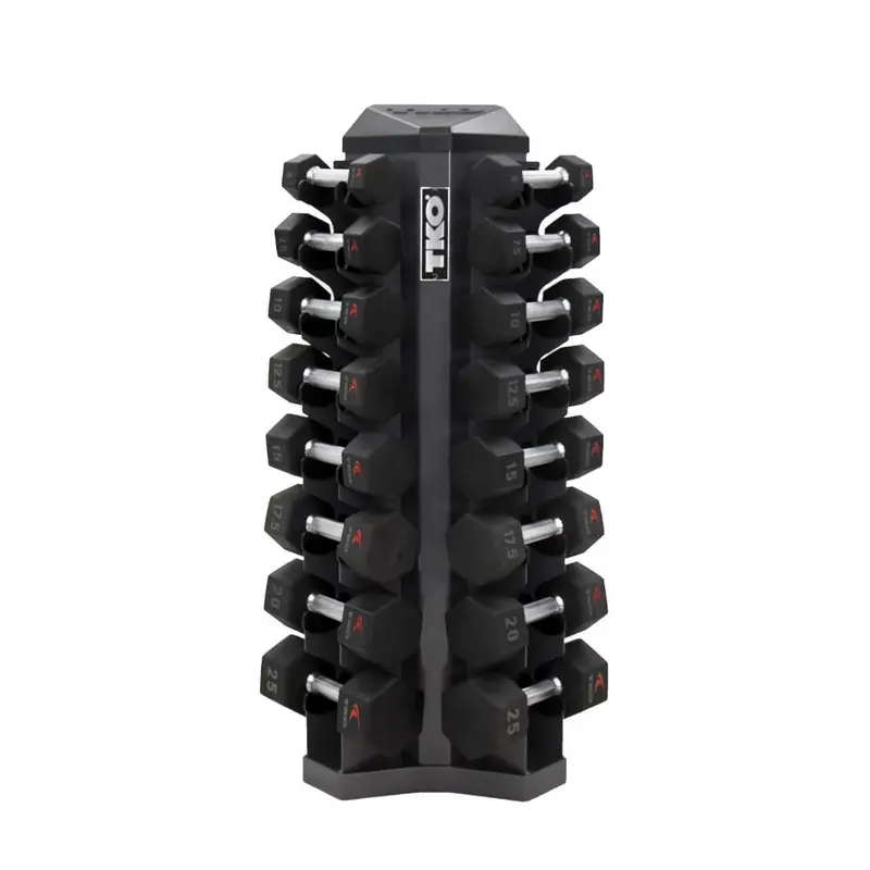 TKO 5-25lb Urethane Hex Tri-Grip Handle Dumbbells w/ 8pr Rack S826-TXUL8