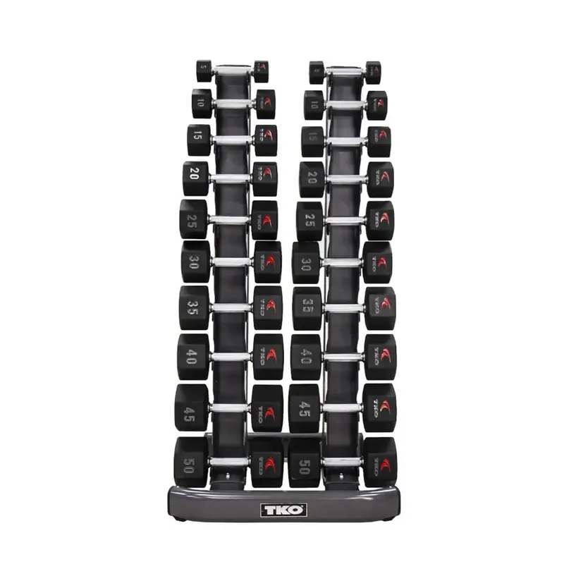 TKO 5-50lb Urethane Hex Tri-Grip Dumbbells w/ 10 Pair Vertical Rack S840-TXU-A10
