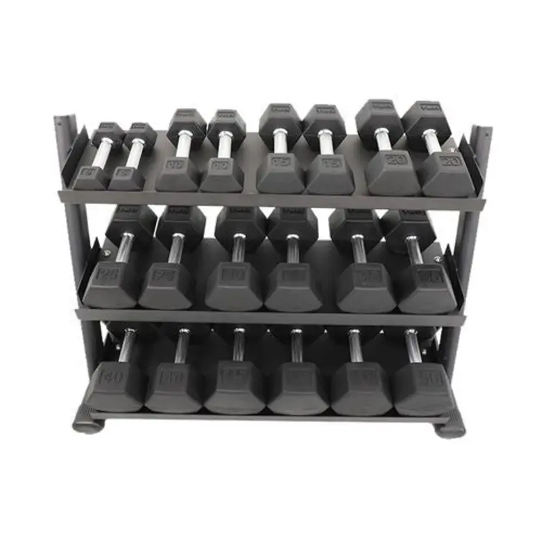 TKO 5-50lb Rubber Hex Straight Handle Dumbbells w/ 3 Tier Tray Rack S6235-SXRA10