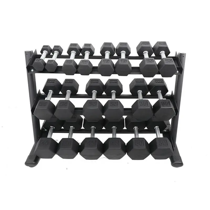 TKO 5-50lb Rubber Hex Tri-Grip Handle Dumbbells w/ 3 Tier Rail Rack S6230-TXRA10