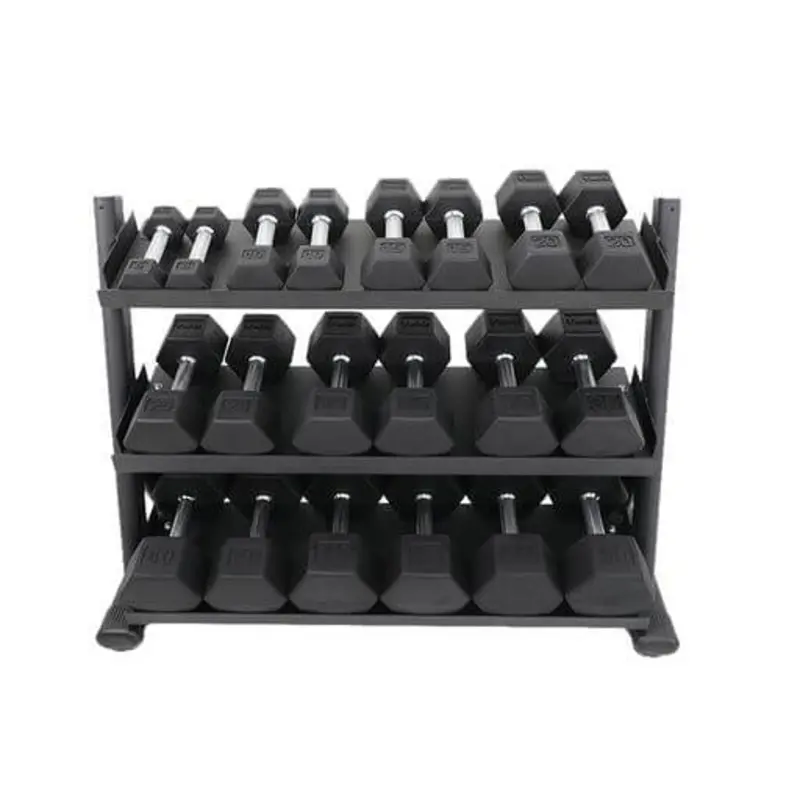 TKO 5-50lb Rubber Hex Tri-Grip Handle Dumbbells w/ 3 Tier Tray Rack S6235-TXRA10