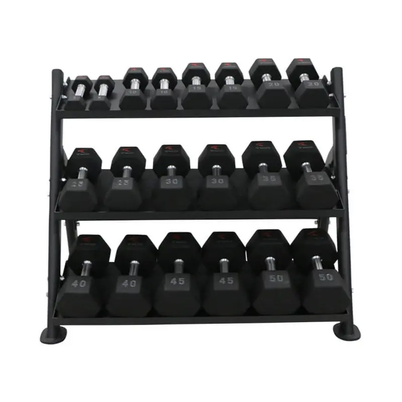 TKO 5-50lb Urethane Hex Tri-Grip Handle Dumbbells W/ 3 Tier Tray Rack S6235-TXUA10