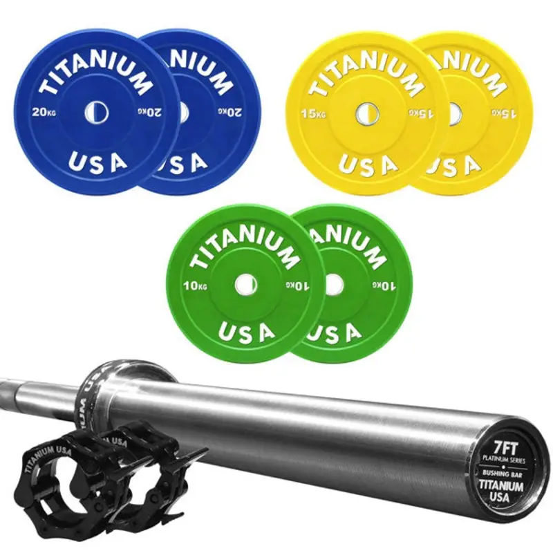 TITANIUM USA 110KG BUMPER PLATE AND PLATINUM SERIES 7FT BARBELL PACKAGE