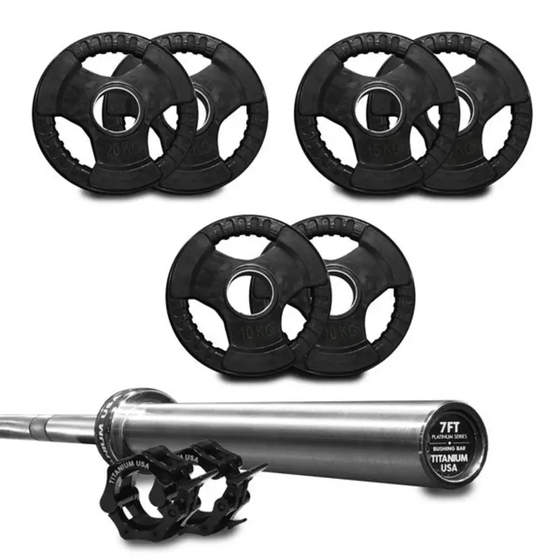 TITANIUM USA 110KG RUBBER COATED WEIGHT PLATE AND BARBELL PACKAGE