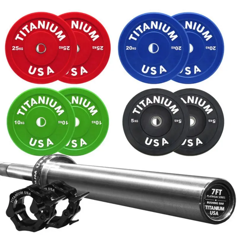 TITANIUM USA 140KG BUMPER PLATE AND PLATINUM SERIES 7FT BARBELL PACKAGE