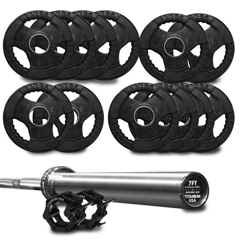 TITANIUM USA 140KG RUBBER COATED WEIGHT PLATE AND BARBELL PACKAGE