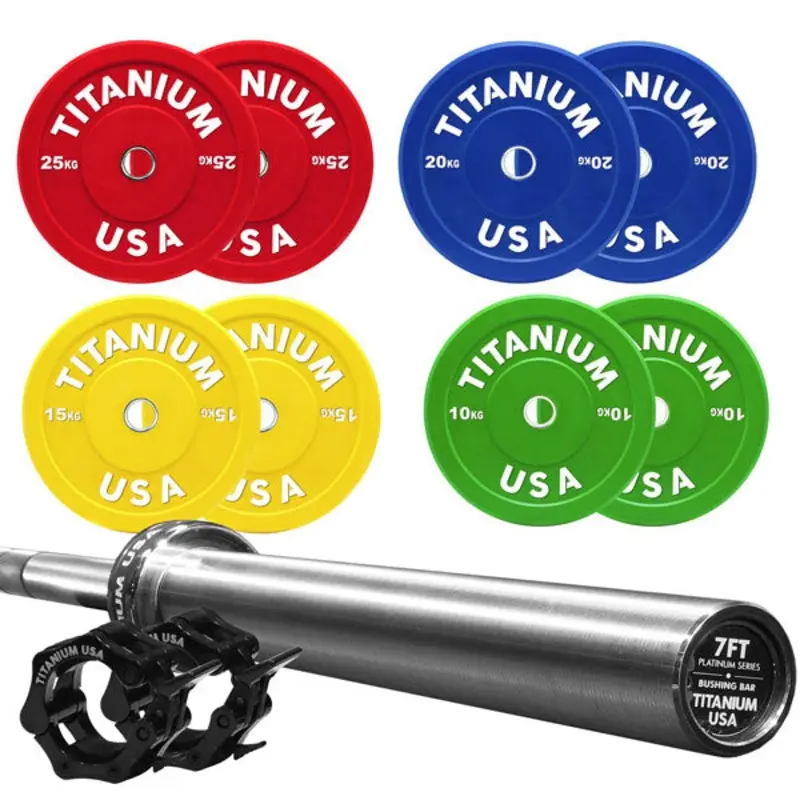 TITANIUM USA 160KG BUMPER PLATE AND PLATINUM SERIES 7FT BARBELL PACKAGE
