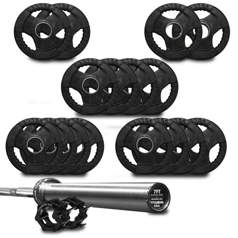TITANIUM USA 160KG RUBBER COATED WEIGHT PLATE AND BARBELL PACKAGE