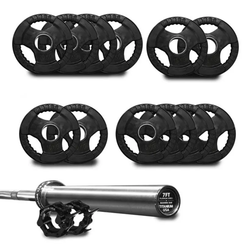TITANIUM USA 170KG RUBBER COATED WEIGHT PLATE AND BARBELL PACKAGE