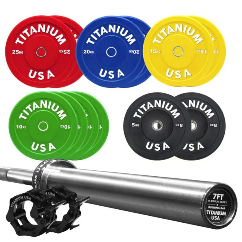 TITANIUM USA 190KG BUMPER PLATE AND PLATINUM SERIES 7FT BARBELL PACKAGE