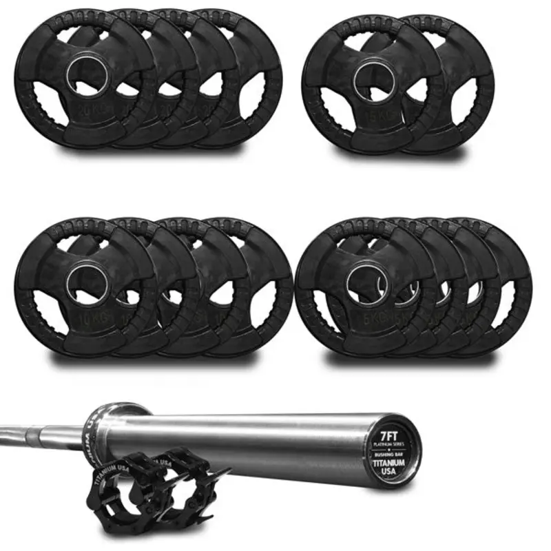 TITANIUM USA 190KG RUBBER COATED WEIGHT PLATE AND BARBELL PACKAGE