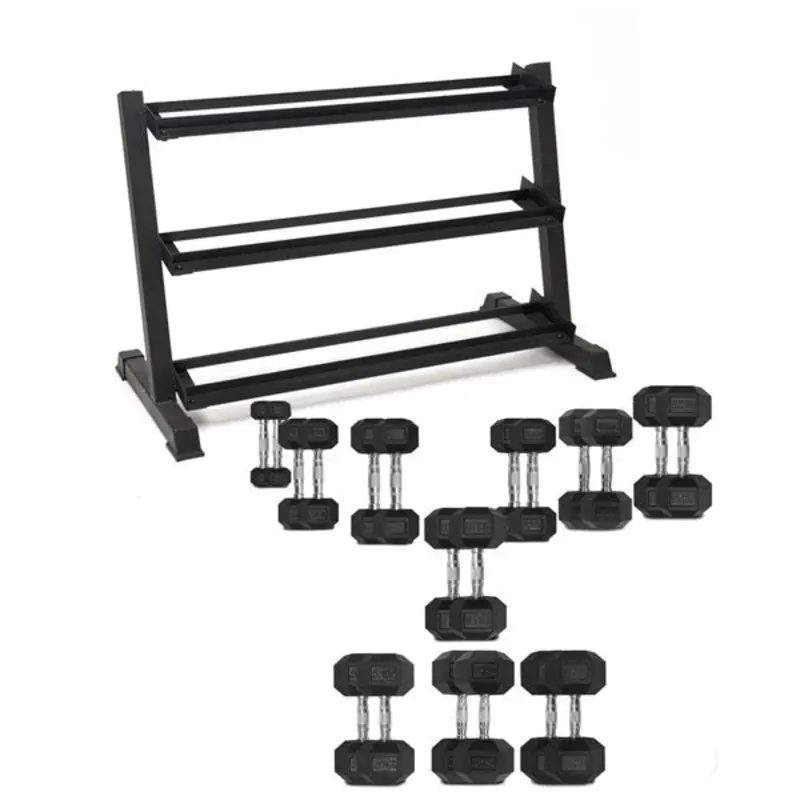 TITANIUM USA 2.5-25KG RUBBER HEX DUMBBELL SET WITH RACK - 10 PAIRS
