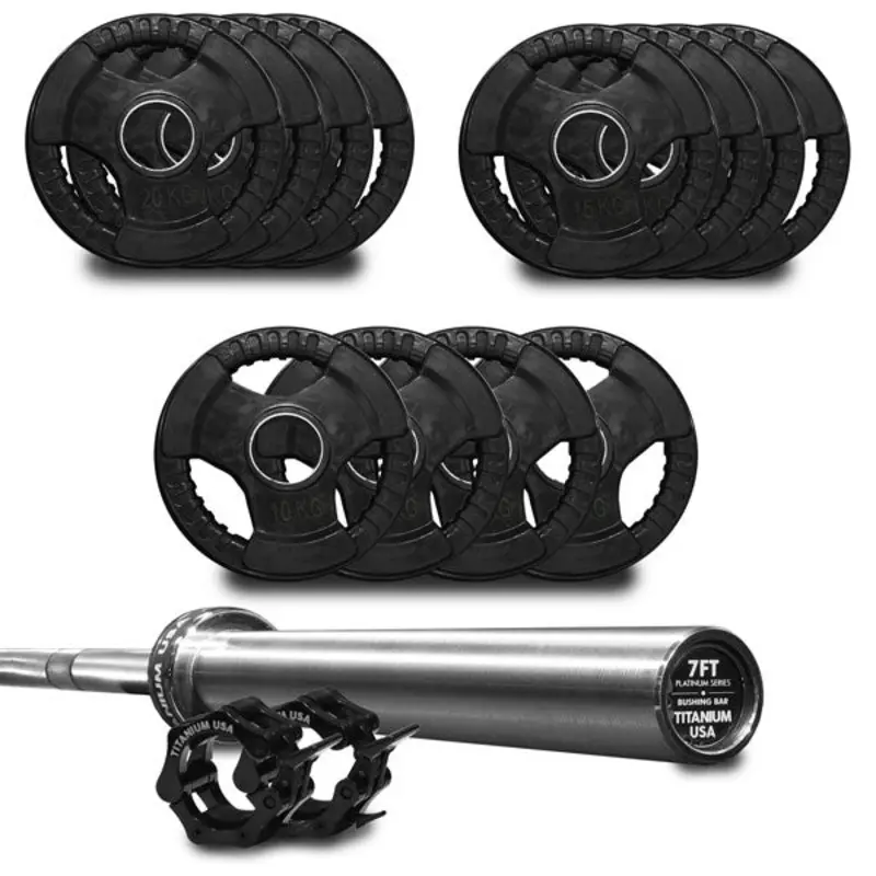 TITANIUM USA 200KG RUBBER COATED WEIGHT PLATE AND BARBELL PACKAGE