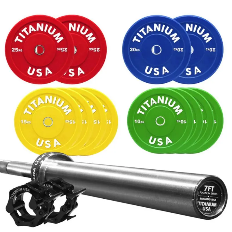TITANIUM USA 210KG BUMPER PLATE AND PLATINUM SERIES 7FT BARBELL PACKAGE