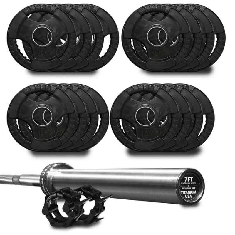 TITANIUM USA 210KG RUBBER COATED WEIGHT PLATE AND BARBELL PACKAGE